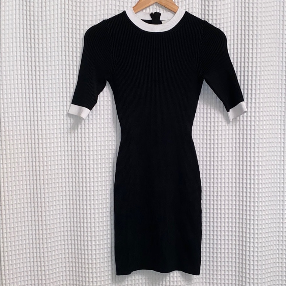 A.L.C. Black Ribbed Short Sleeve Knit Dress with White Trim